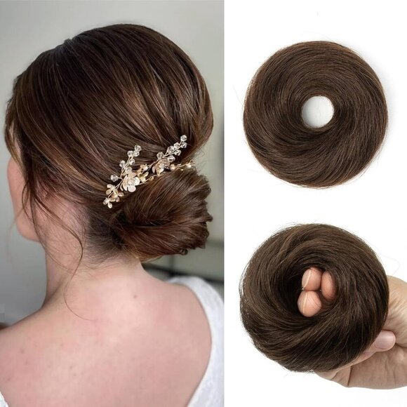 Human Hair Bun Extensions Elastic Ponytail Wrap No Claw 2.76in Dark Brown main image 8